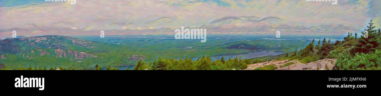 Overlooking Maine Acadia National Park on top of Cadillac Mountain during summer Stock Photo