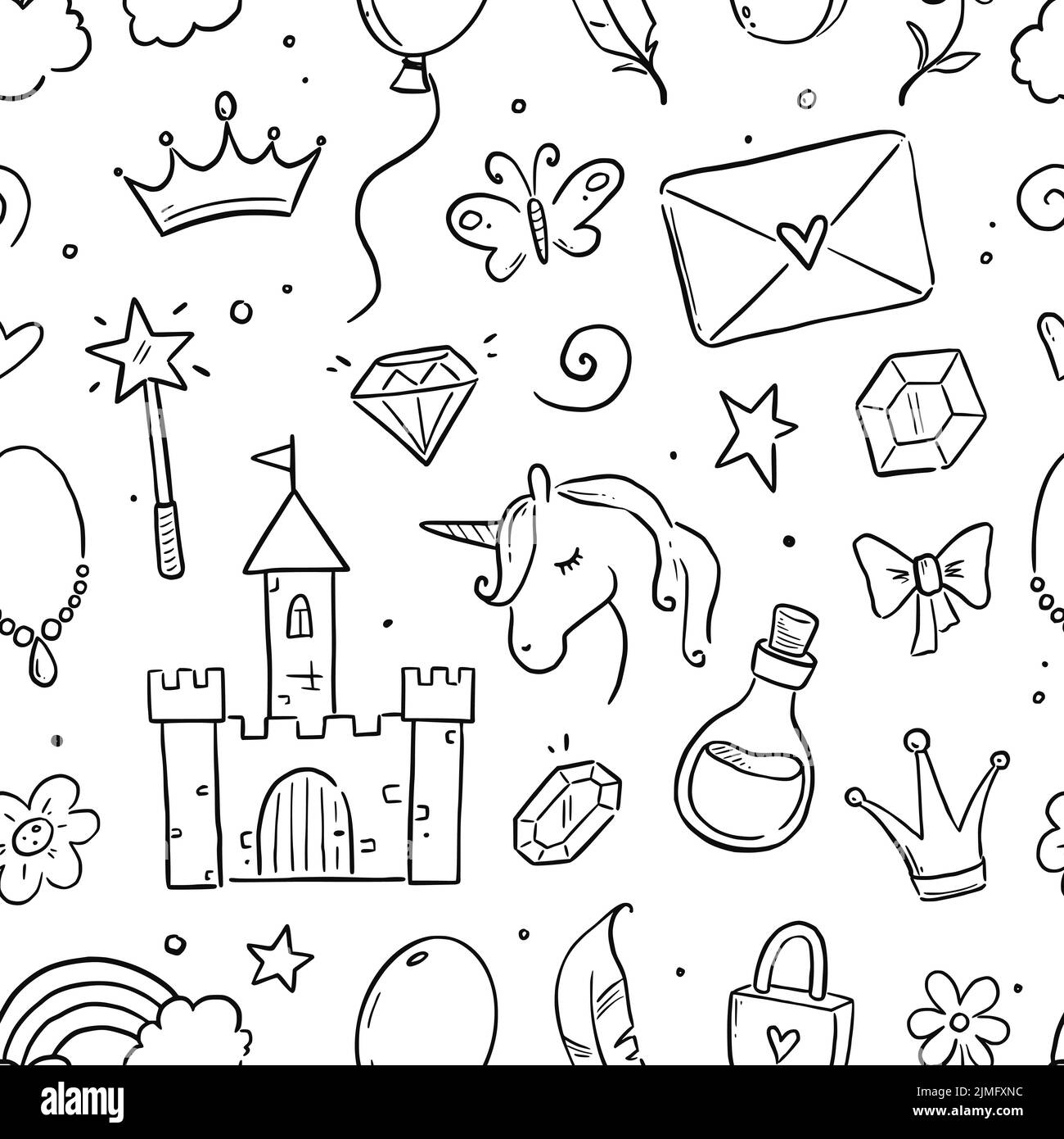 Hand drawn princess doodle seamless pattern. Beauty pattern with cute ...