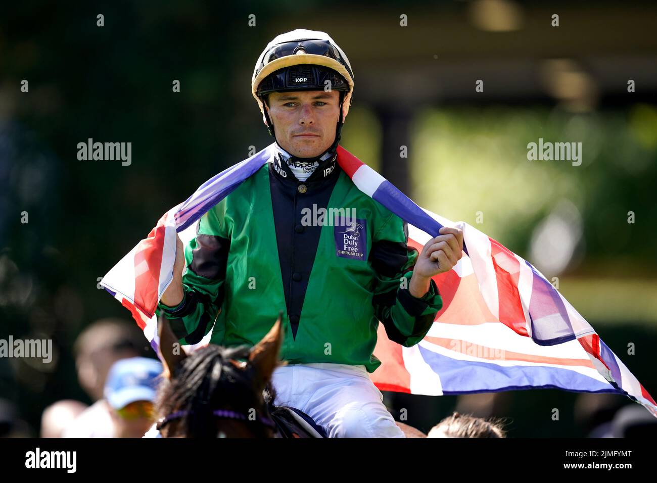 Kieran Shoemark celebrates after riding Pride of Priory to victory in The Dubai Duty Free Shergar Cup Challenge during the Shergar Cup Meeting at Ascot Racecourse. Picture date: Saturday August 8, 2022. Stock Photo