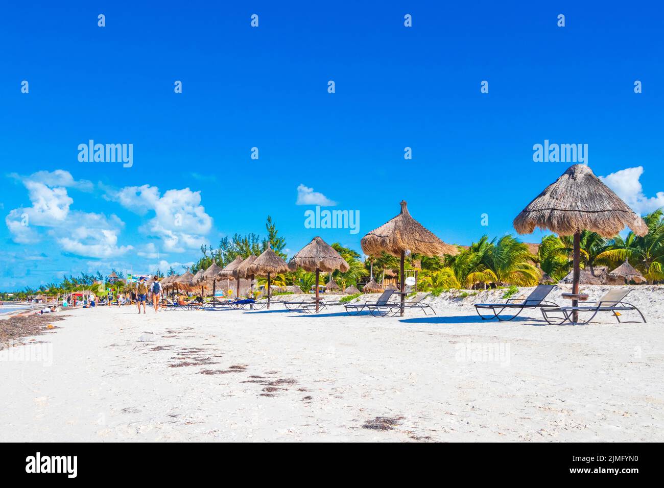 Beautiful Holbox island beach sandbank panorama palapa sun loungers Mexico. Stock Photo