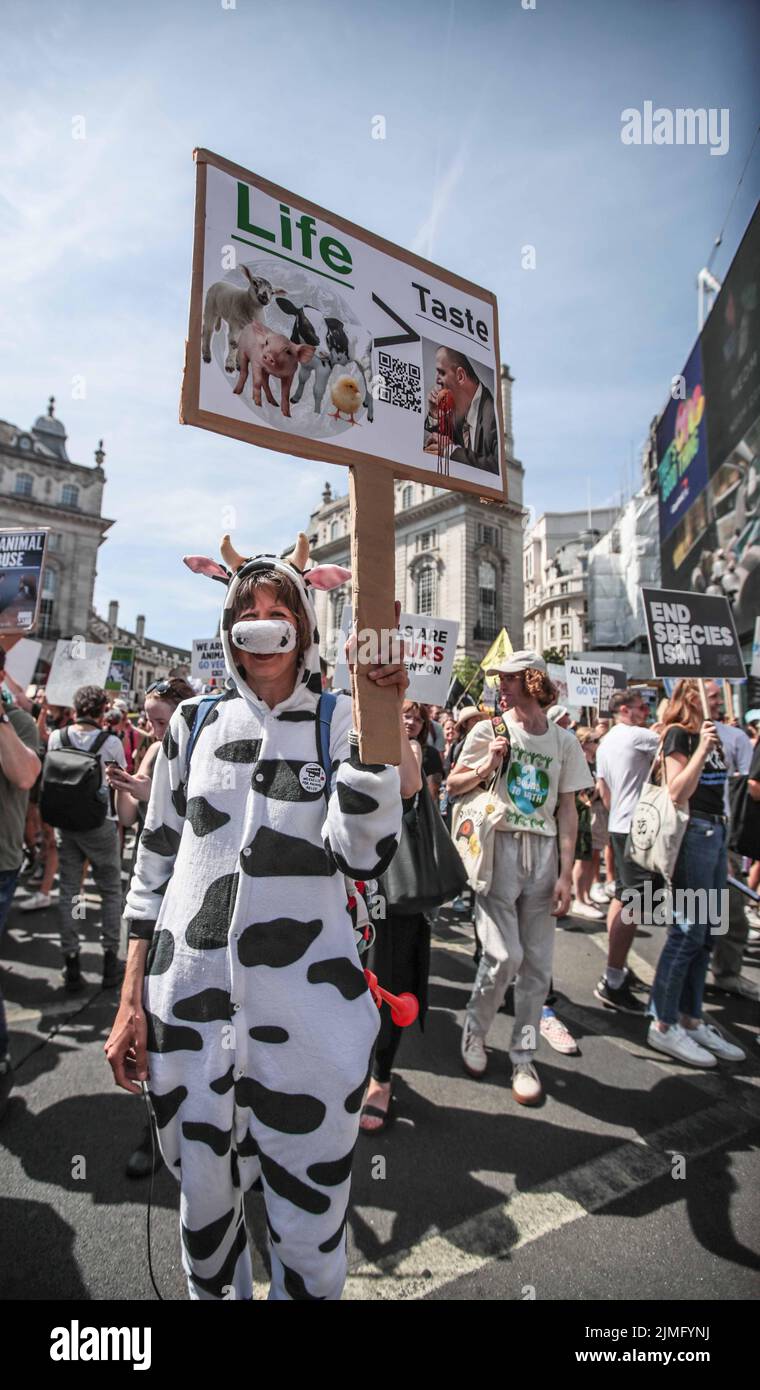 London UK 06.Aug 2022 Animal Liberation rally through Central London with placards of Go Vegan and stop cruelty against animals  Paul Quezada-Neiman/Alamy Live News Stock Photo