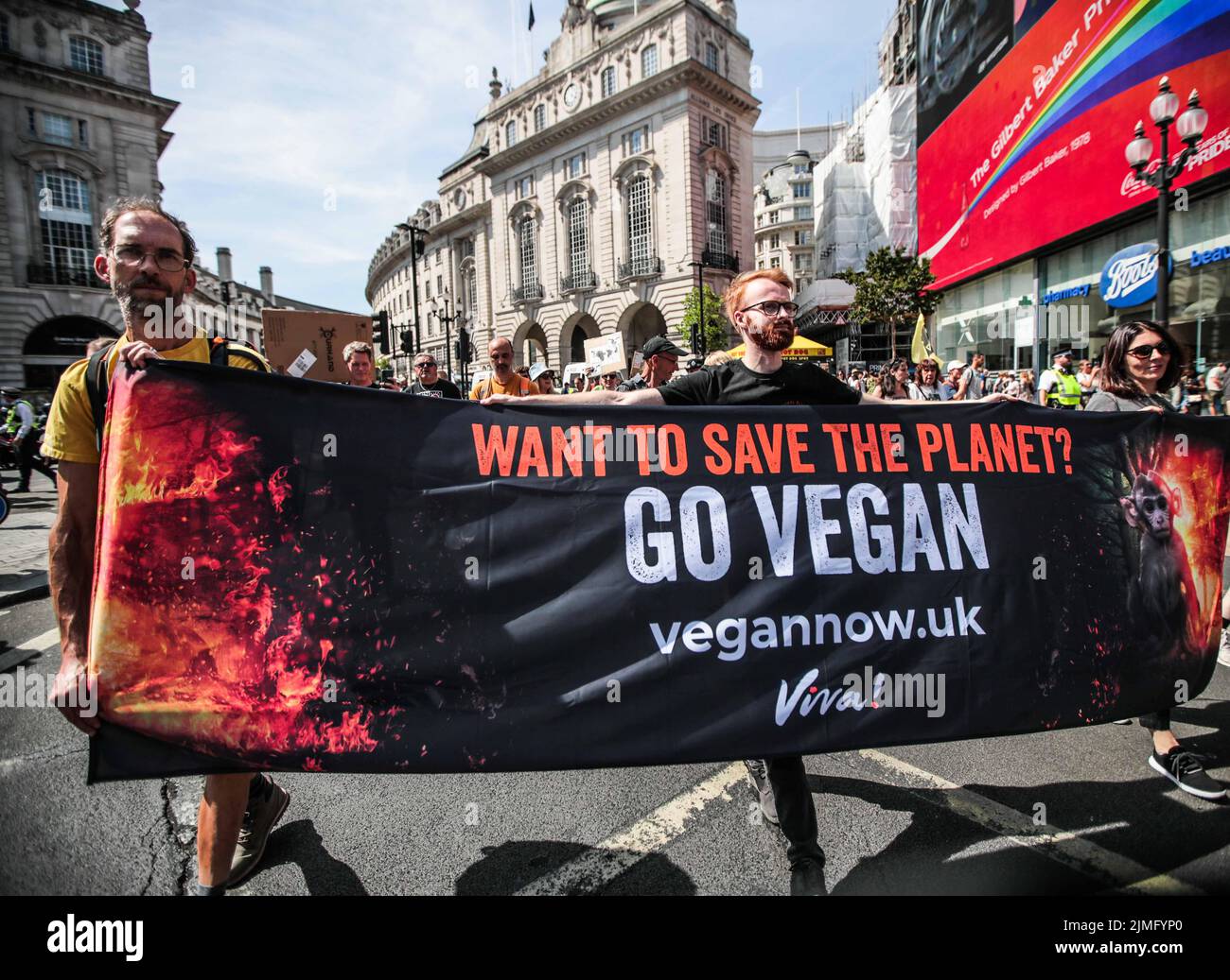 London UK 06.Aug 2022 Animal Liberation rally through Central London with placards of Go Vegan and stop cruelty against animals  Paul Quezada-Neiman/Alamy Live News Stock Photo