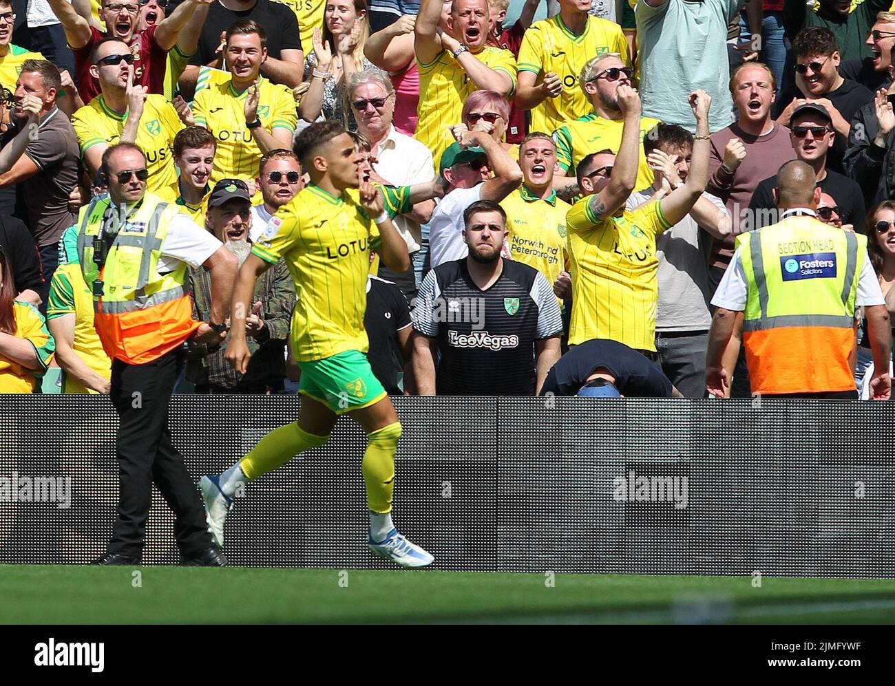 Norwich, UK. 06th Aug, 2022. Max Aarons of Norwich City celebrates his goal and getting Norwich back level during the Sky Bet Championship match between Norwich City and Wigan Athletic at Carrow Road on August 6th 2022 in Norwich, England. (Photo by Mick Kearns/phcimages.com) Credit: PHC Images/Alamy Live News Stock Photo