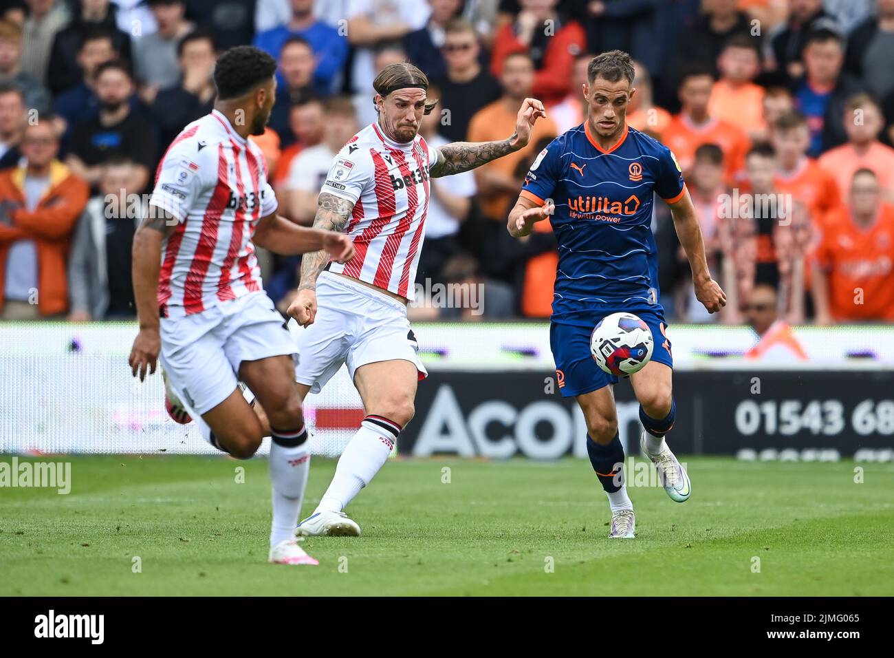 Jerry Yates #9 of Blackpool makes a break with the ball in ,  on 8/6/2022. (Photo by Craig Thomas/News Images/Sipa USA) Stock Photo