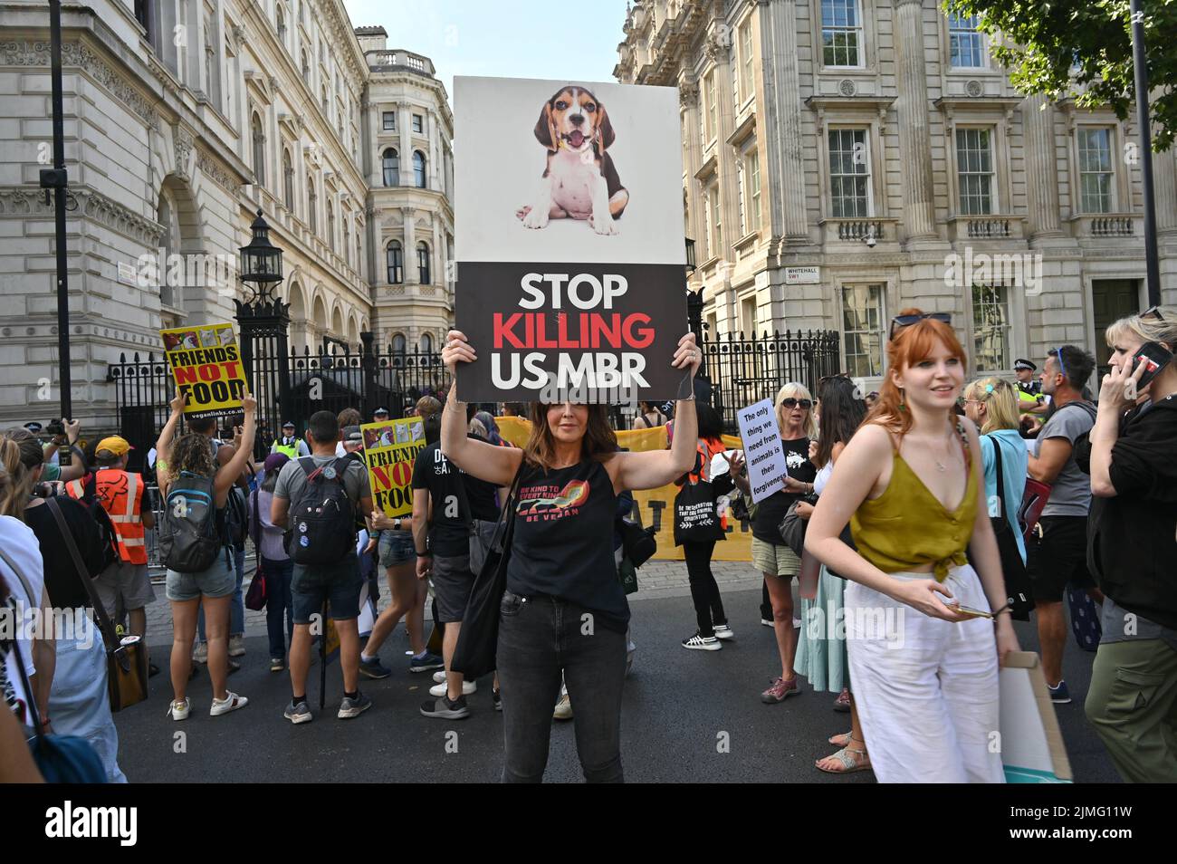 London, UK. 6th Aug 2022. Police state recording activists at the Annual Animal rights march sitin Charing cross roundabout continues marching through whitehall, Downing street in London, UK. - 6th Argust 2022. Credit: See Li/Picture Capital/Alamy Live News Stock Photo
