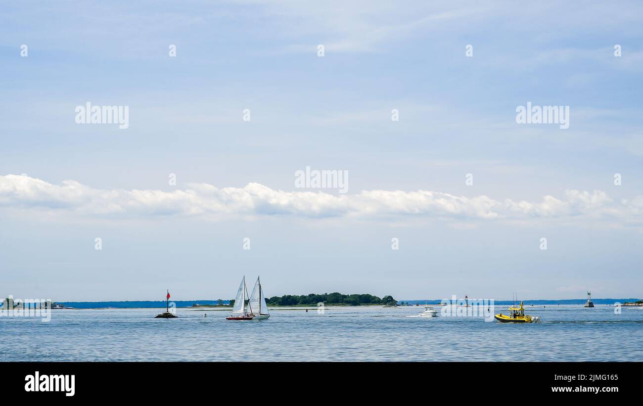 NORWALK, CT USA - JULY 27, 2022: View from Calf Pasture beach in summer day with boats and copy space Stock Photo