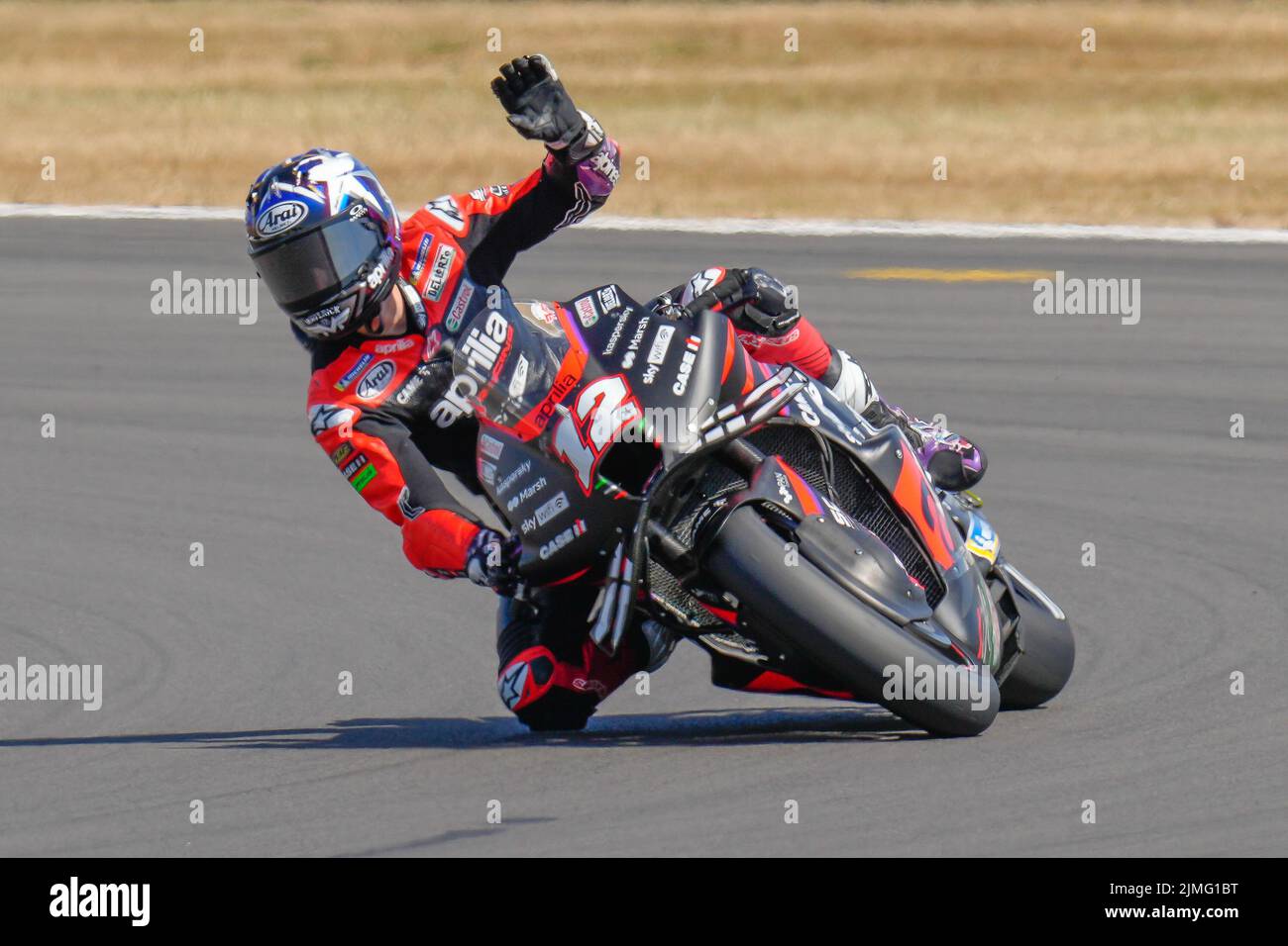 Towcester, UK. 06th Aug, 2022. Maverick VINALES (Spain) of the Aprilia Racing Team after securing second place on the grid during the 2022 Monster Energy Grand Prix MotoGP Qualifying sessions at Silverstone Circuit, Towcester, England on the 6th August 2022. Photo by David Horn. Credit: PRiME Media Images/Alamy Live News Stock Photo