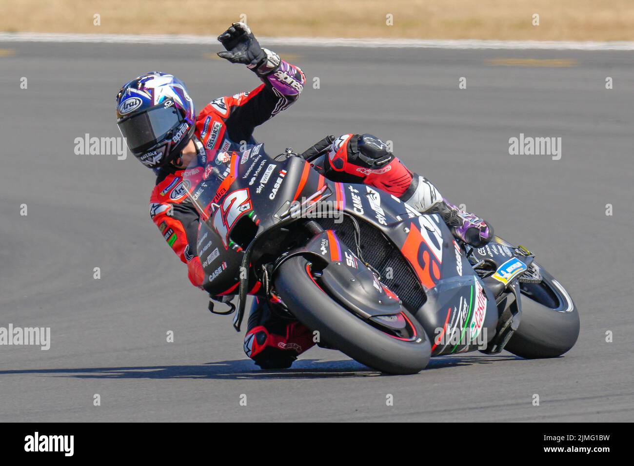 Towcester, UK. 06th Aug, 2022. Maverick VINALES (Spain) of the Aprilia Racing Team after securing second place on the grid during the 2022 Monster Energy Grand Prix MotoGP Qualifying sessions at Silverstone Circuit, Towcester, England on the 6th August 2022. Photo by David Horn. Credit: PRiME Media Images/Alamy Live News Stock Photo