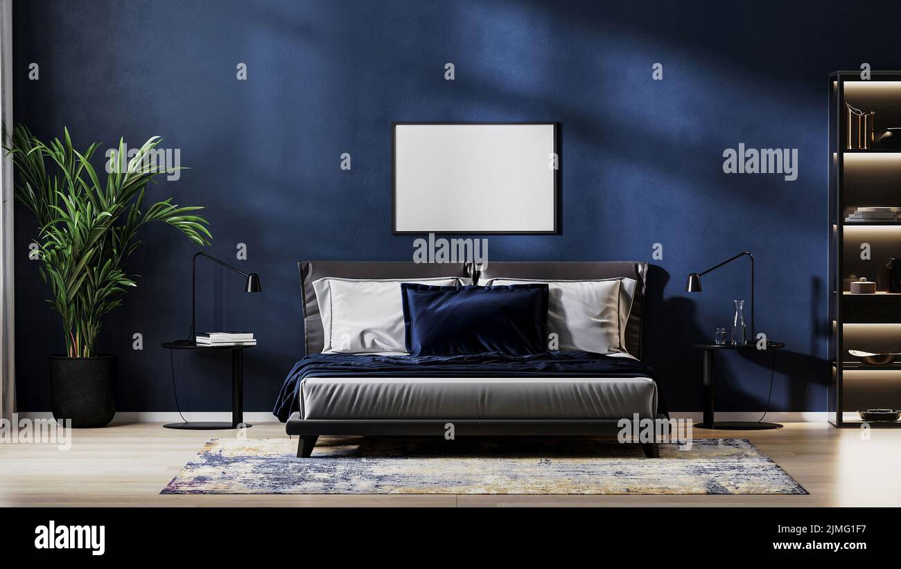 Horizontal frame mock up in modern bedroom interior background with