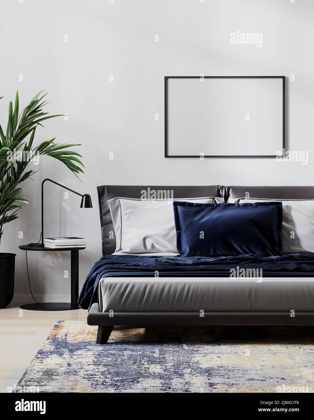 Empty horizontal frame mockup in modern bedroom interior for mock up