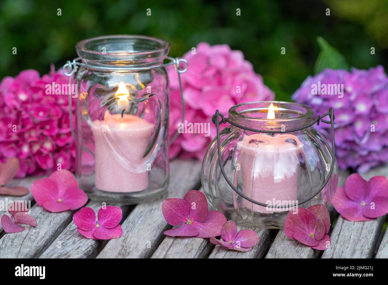 romantic arrangement with candles and pink hydrangea flowers Stock Photo