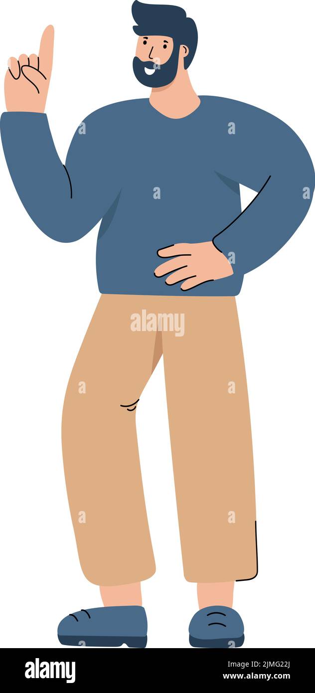 Vector stylish flat man points his finger up. Happy people has business idea or something. The concept of innovation, solutions and creativity Stock Vector