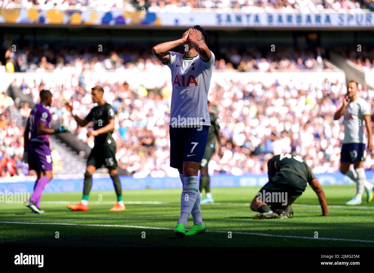 Tottenham Hotspur's Son Heung-min rues a missed chance during the Premier League match at Tottenham Hotspur Stadium, London. Picture date: Saturday August 6, 2022. Stock Photo