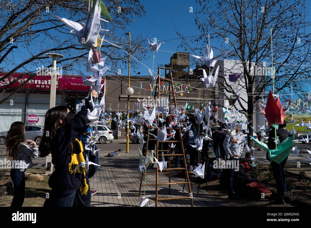 High school students of Firmat, hang a thousand origami cranes during 'A Day for Peace' event marking the 77th anniversary of the atomic bombing of Hiroshima by the USA. Stock Photo
