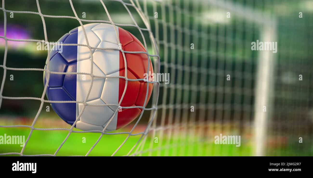 Football ball with flag of France in the net of goal of football stadium. Football championship of FRance concept. 3d illustration Stock Photo