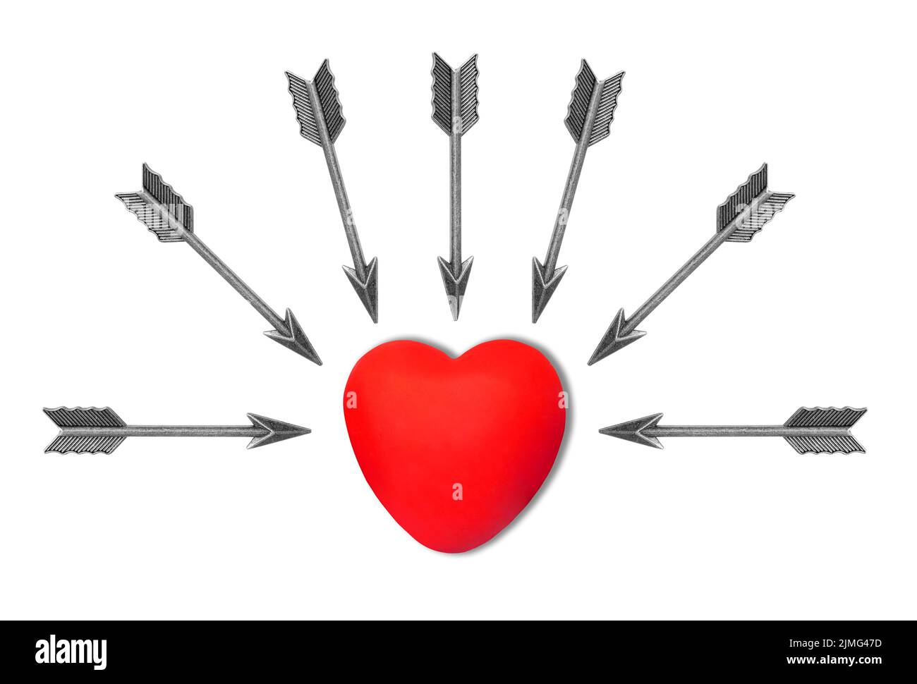 Group of steel bow arrows aimed at a red heart on a white background. Heart attack risk factors. Stock Photo