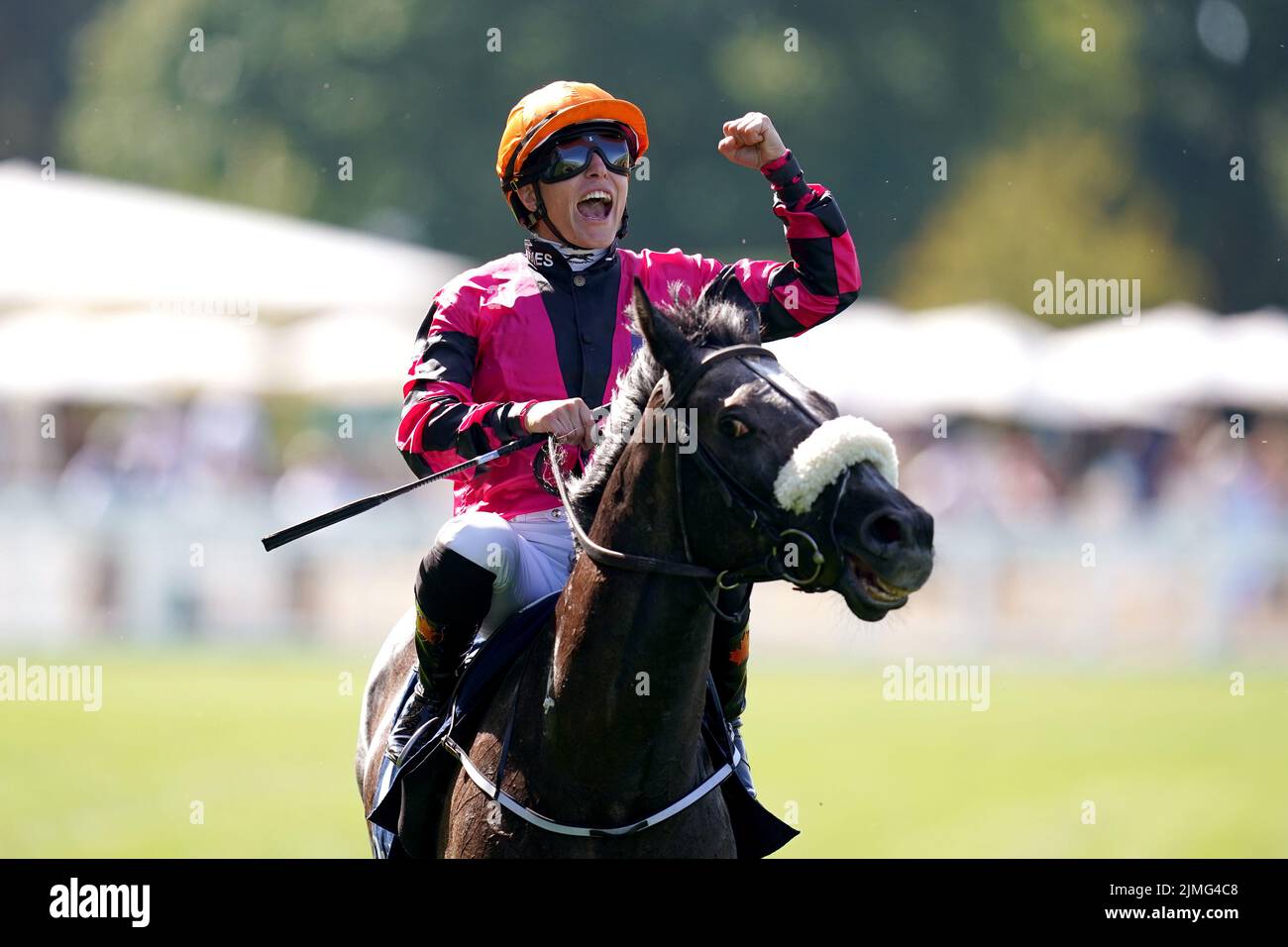 Emma-Jayne Wilson celebrates onboard Jungle Cove after winning The Dubai Duty Free Shergar Cup Mile during the Shergar Cup Meeting at Ascot Racecourse. Picture date: Saturday August 8, 2022. Stock Photo
