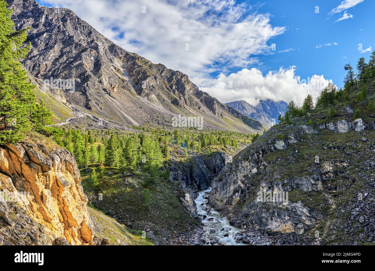 Narrow river canyon in the Siberian mountains. Eastern Sayan. Buryatia. Russia Stock Photo
