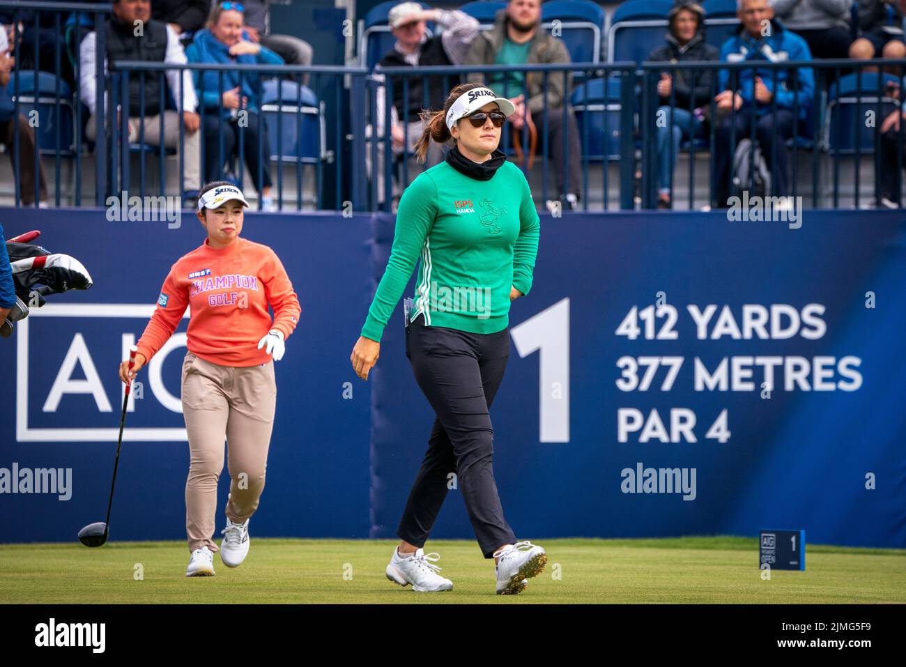 Hannah Green (right) and Japan’s Miyuu Yamashita on the first tee during day three of the AIG Women's Open at Muirfield in Gullane, Scotland. Picture date: Saturday August 6, 2022. Stock Photo