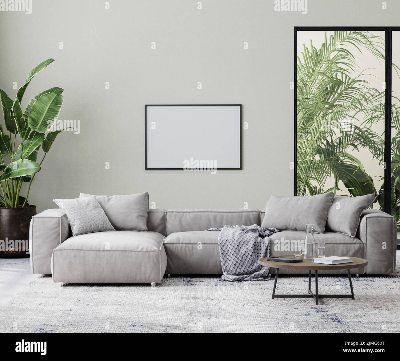 Picture frame in living room interior mock up in gray tones with tropical palm tree leaves,  3d rendering Stock Photo