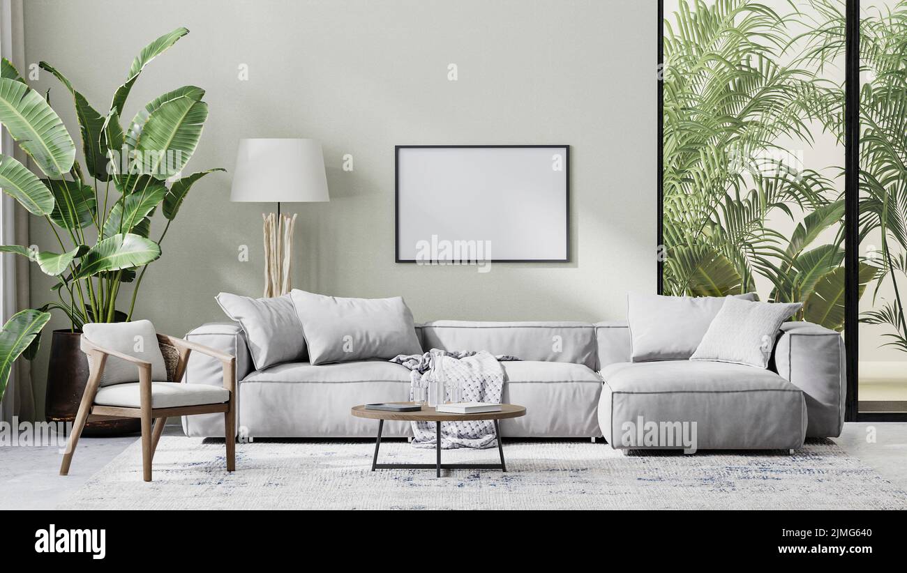 Picture frame in living room interior mock up in gray tones with tropical palm tree leaves,  3d rendering Stock Photo
