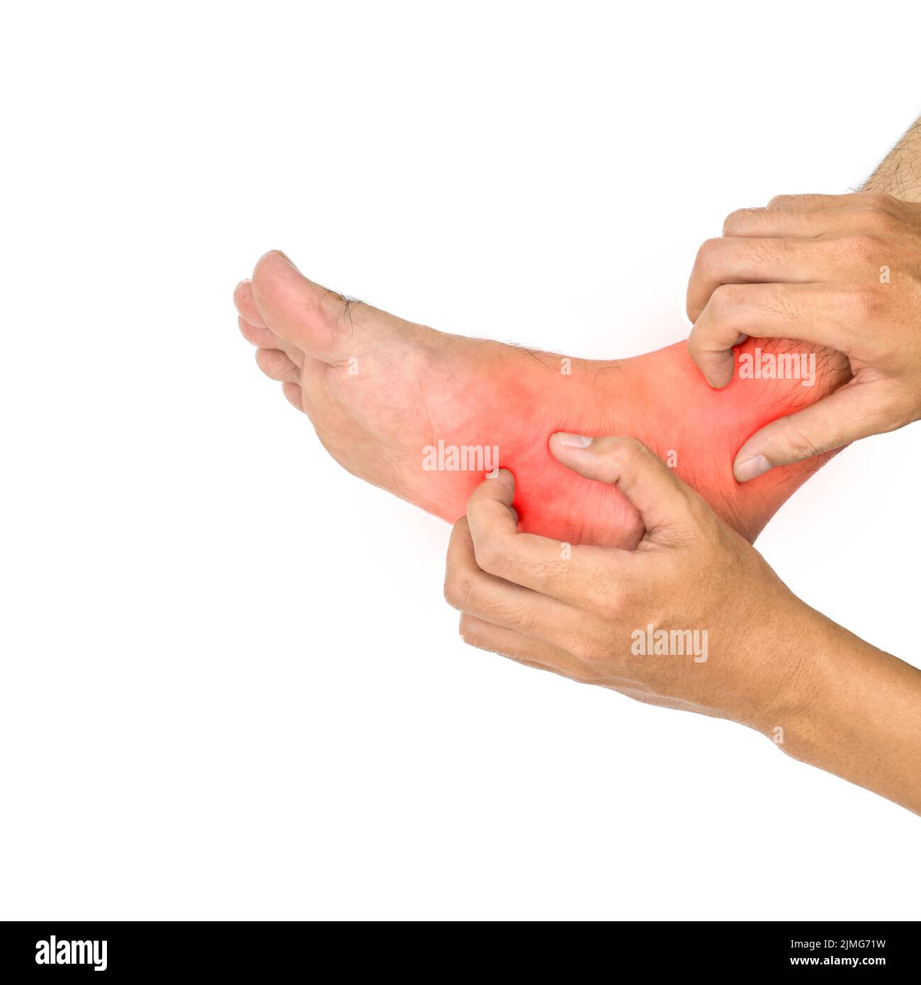 Itchy foot skin of Asian young man. Concept of skin diseases such as scabies, fungal infection, allergy, etc. Stock Photo