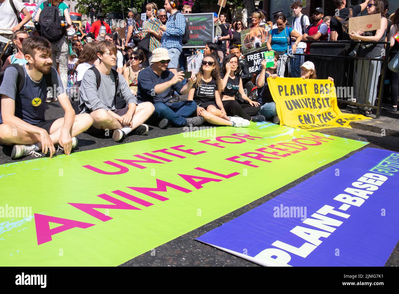 London, England, UK 6 August 2022National Animal Rights march from Marble Arch to Parliament Square, via Downing Street where protesters called on Boris Johnson to tackle climate change by limiting the meat and dairy industry Credit: Denise Laura Baker/Alamy Live News Stock Photo