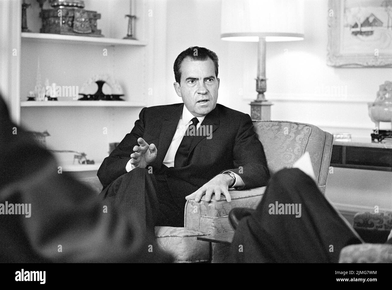 Richard M. Nixon, three-quarter length portrait, being interviewed in his Apartment, New York City, New York, USA, Marion S. Trikosko, U.S. News & World Report Magazine Photograph Collection, September 27, 1963 Stock Photo