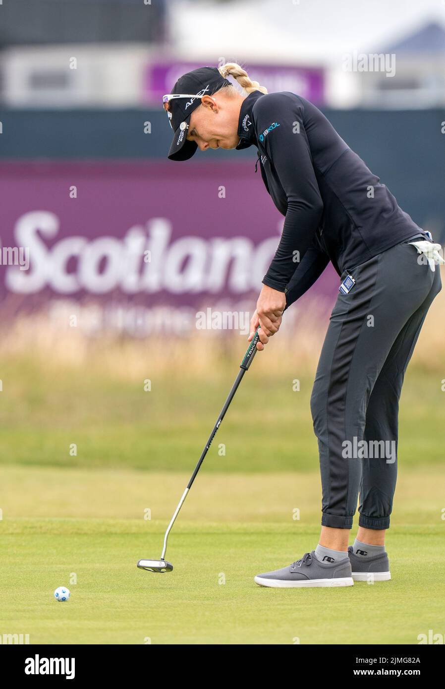 Sweden’s Madelene Sagstrom on the first green during day three of the AIG Women's Open at Muirfield in Gullane, Scotland. Picture date: Saturday August 6, 2022. Stock Photo