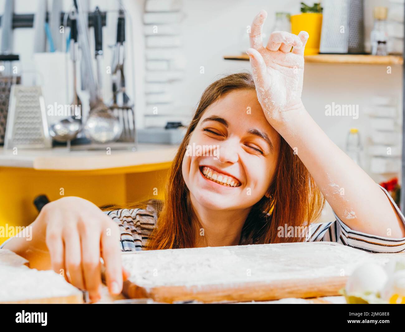 home pastry cooking smiling lady flour resting Stock Photo