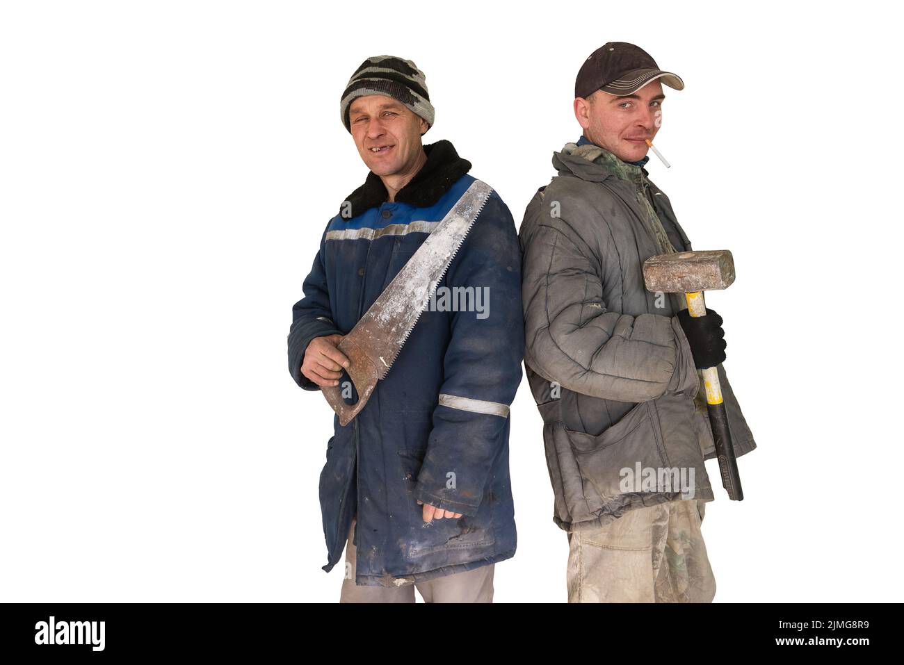 Two bad unskilled builder workers Stock Photo