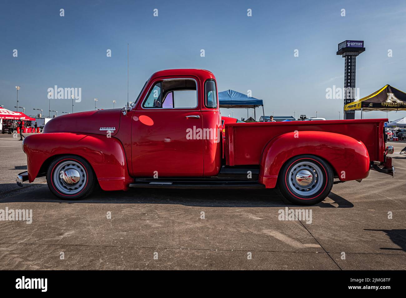 Lebanon, TN - May 13, 2022: Wide angle low perspective side view of a 1952 Chevrolet 3100 Pickup Truck at a local car show. Stock Photo