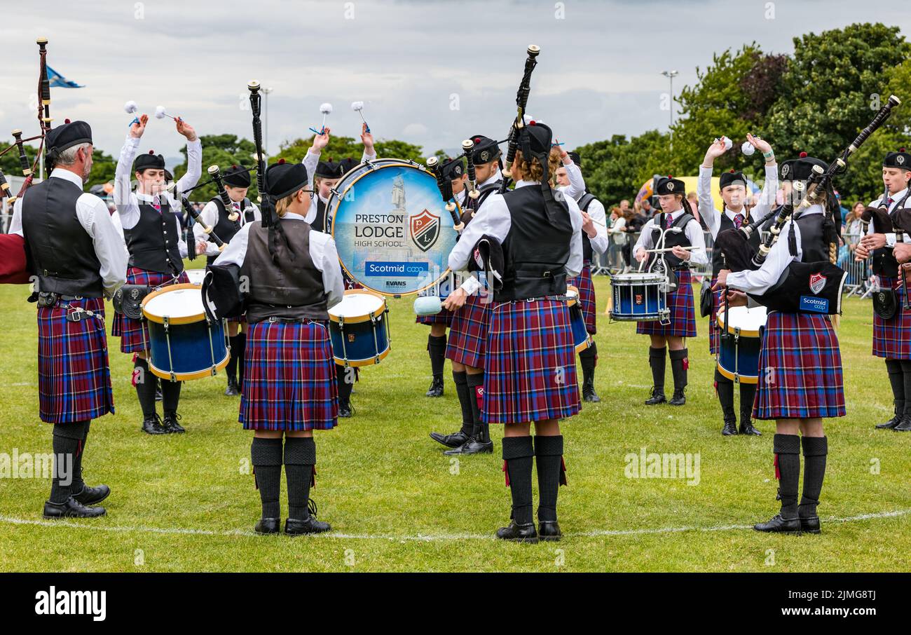 North Berwick, East Lothian, Scotland, United Kingdom, 6th August 2022. North Berwick Highland games: the annual games takes place at the recreation ground in the seaside town. Pictured: the Highland Pipe band judging. Credit: Sally Anderson/Alamy Live News Stock Photo