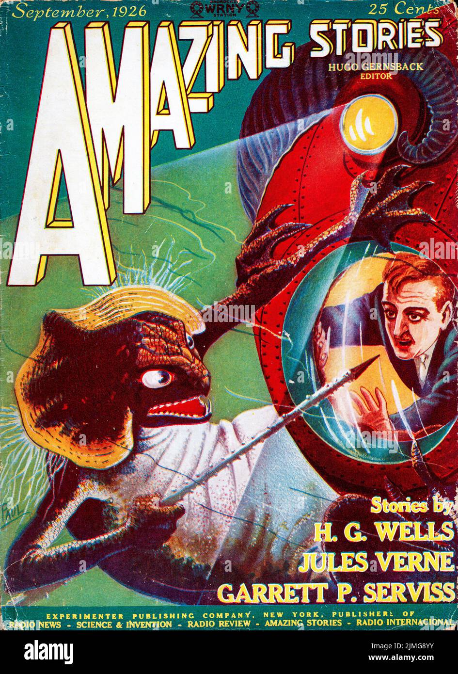 Cover of Amazing Stories, September 1926, Volume 1, Number 6. Cover depicts 'In the Abyss' by H. G. Wells. Cover art by Frank R. Paul Stock Photo