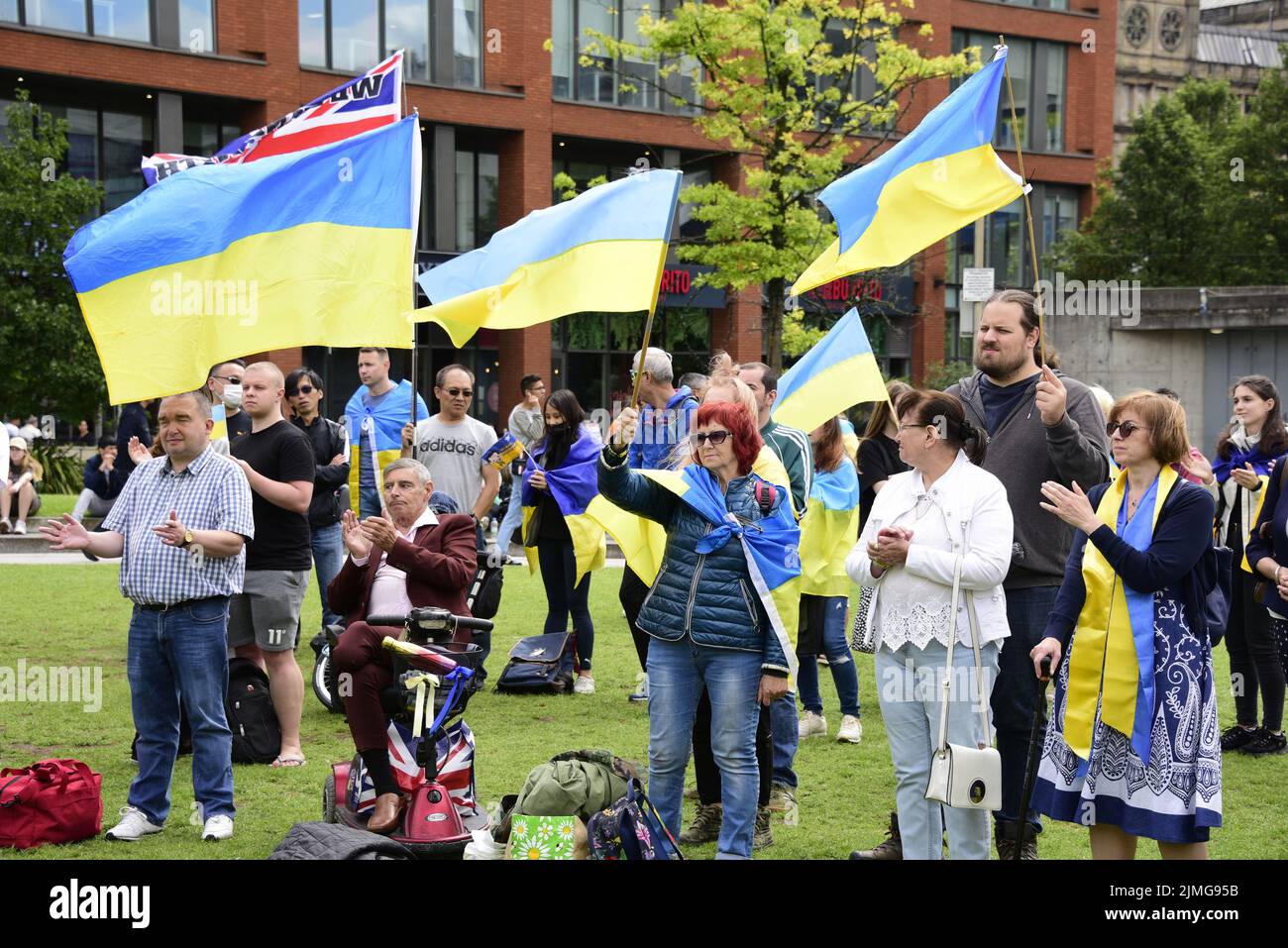 Manchester, UK, 6th August, 2022. “Manchester Stands with Ukraine” anti-war rally, a protest about the Russian invasion of Ukraine in Piccadilly Gardens, central Manchester, England, United Kingdom, British Isles. The protests are organised by the Ukrainian Cultural Centre, Manchester. Credit: Terry Waller/Alamy Live News Stock Photo