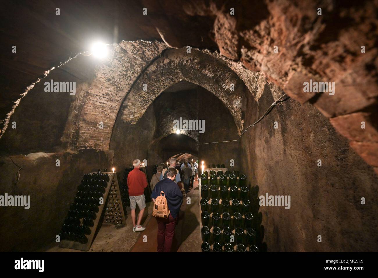 Naumburg, Germany. 06th Aug, 2022. Visitors go deep into the historic rock cellar of the Naumburger Wein & Sekt Manufaktur in Naumburg. Wineries and winegrowers' stations in the Saale-Unstrut wine region and the Mansfeld Lakes Wine Route around Höhnstedt show how and where their wines are made. Credit: Heiko Rebsch/dpa/Alamy Live News Stock Photo