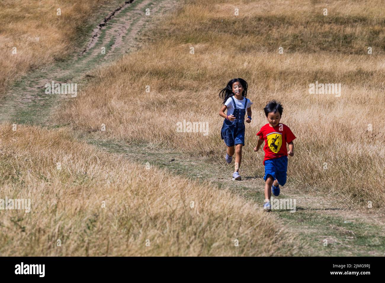 London, UK. 6th Aug, 2022. Children enjoy running down the dry path, which has a huge crack in it, amongst the yellow scorched grass of Parliament Hill - Hot weather continues the drought conditions on Hampstead Heath. Credit: Guy Bell/Alamy Live News Stock Photo