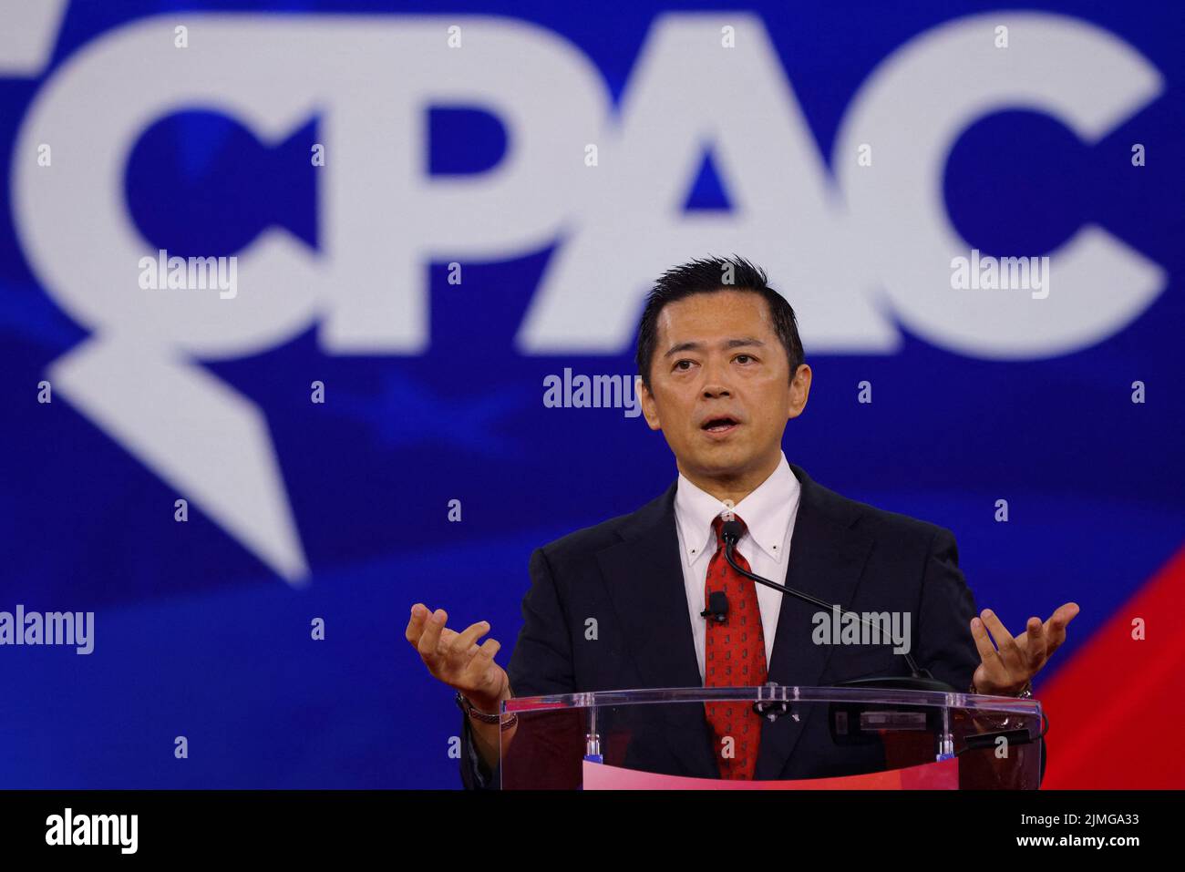 Jay Aeba, chairman of the Japanese Conservative Union, speaks at the Conservative Political Action Conference (CPAC) in Dallas, Texas, U.S., August 6, 2022.  REUTERS/Brian Snyder Stock Photo