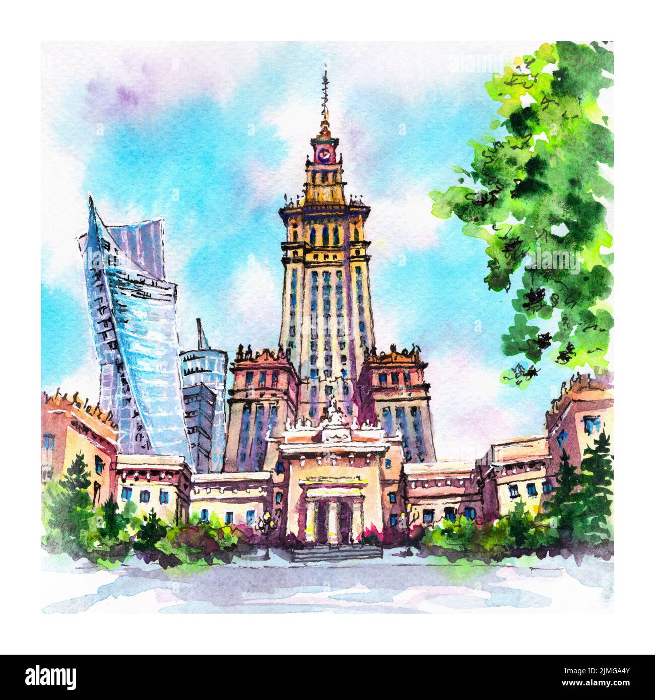 Watercolor sketch of Palace of Culture and Science in Warsaw, Poland. Stock Photo