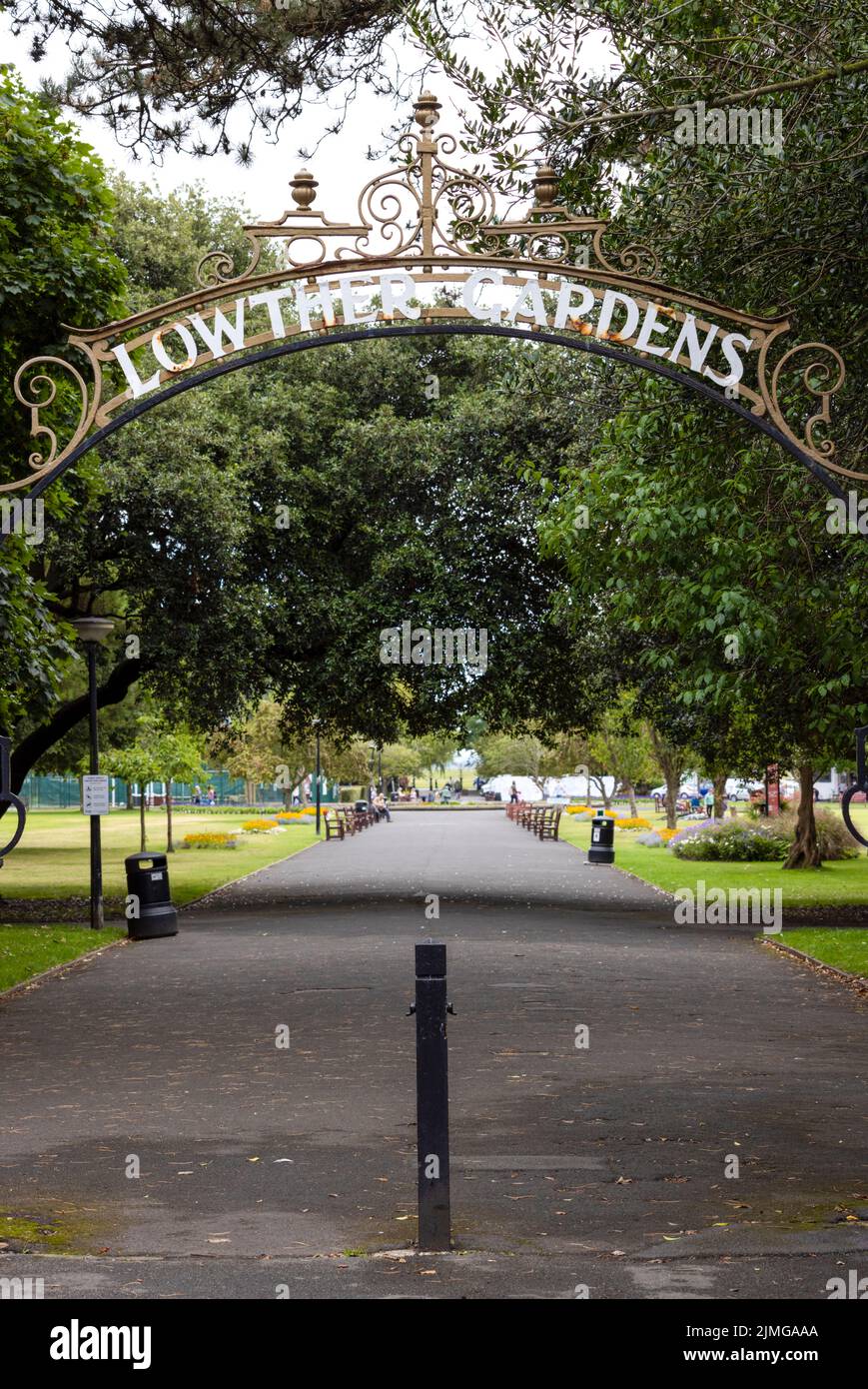 Wrought Iron sign emblazoned Lowther Gardens, marks an entrance into the aforesaid Lowther Gardens in Lytham St Annes, Lancashire, UK Stock Photo