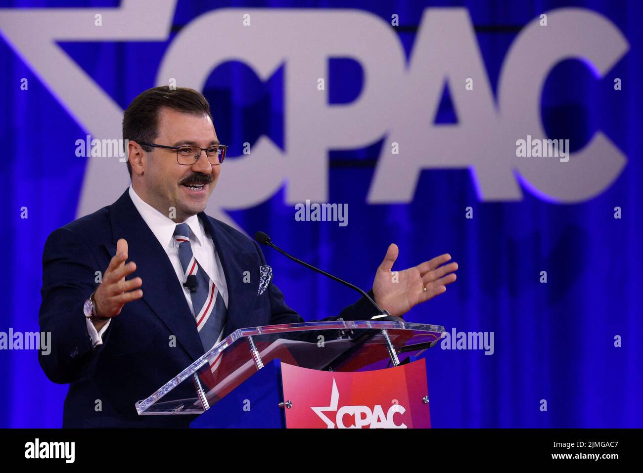 Miklos Szantho, Managing Director of the Centre for Fundamental Rights, speaks at the Conservative Political Action Conference (CPAC) in Dallas, Texas, U.S., August 6, 2022.  REUTERS/Brian Snyder Stock Photo