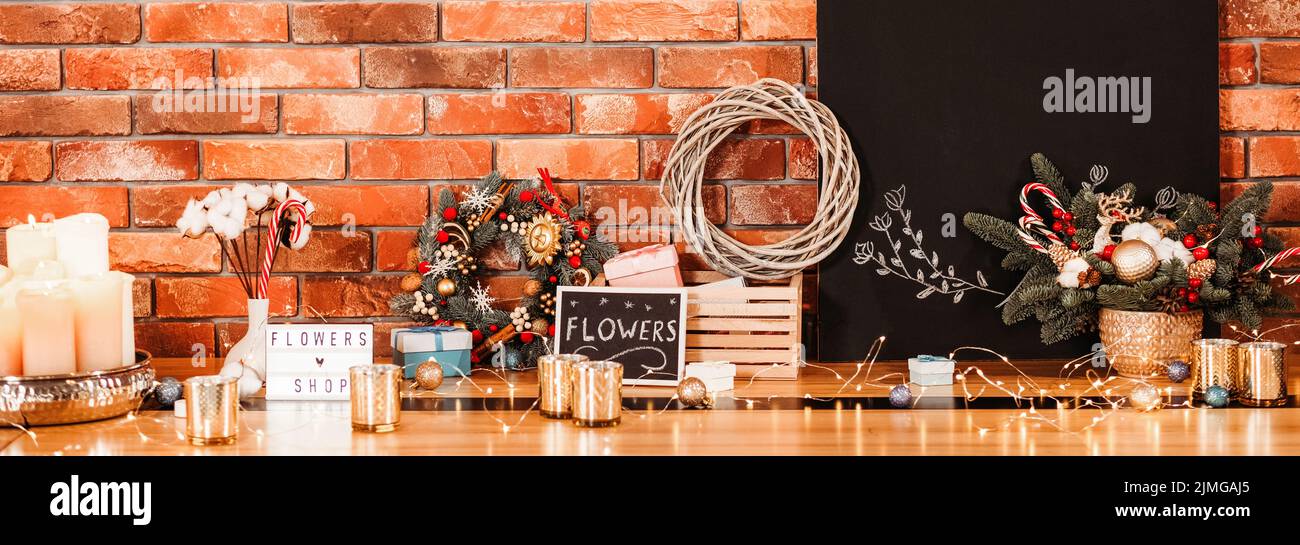 flowers shop festive gift decoration brick wall Stock Photo