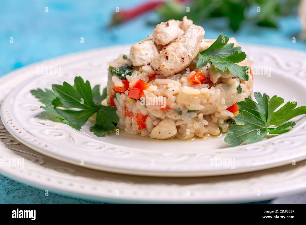 Homemade risotto with chicken. Stock Photo