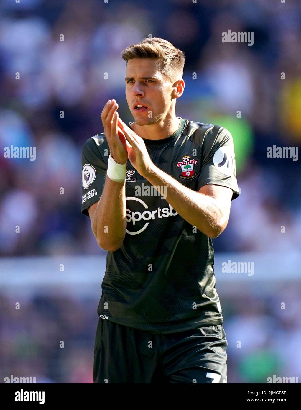 Southampton's Jan Bednarek applauds the fans at the end of the Premier League match at Tottenham Hotspur Stadium, London. Picture date: Saturday August 6, 2022. Stock Photo