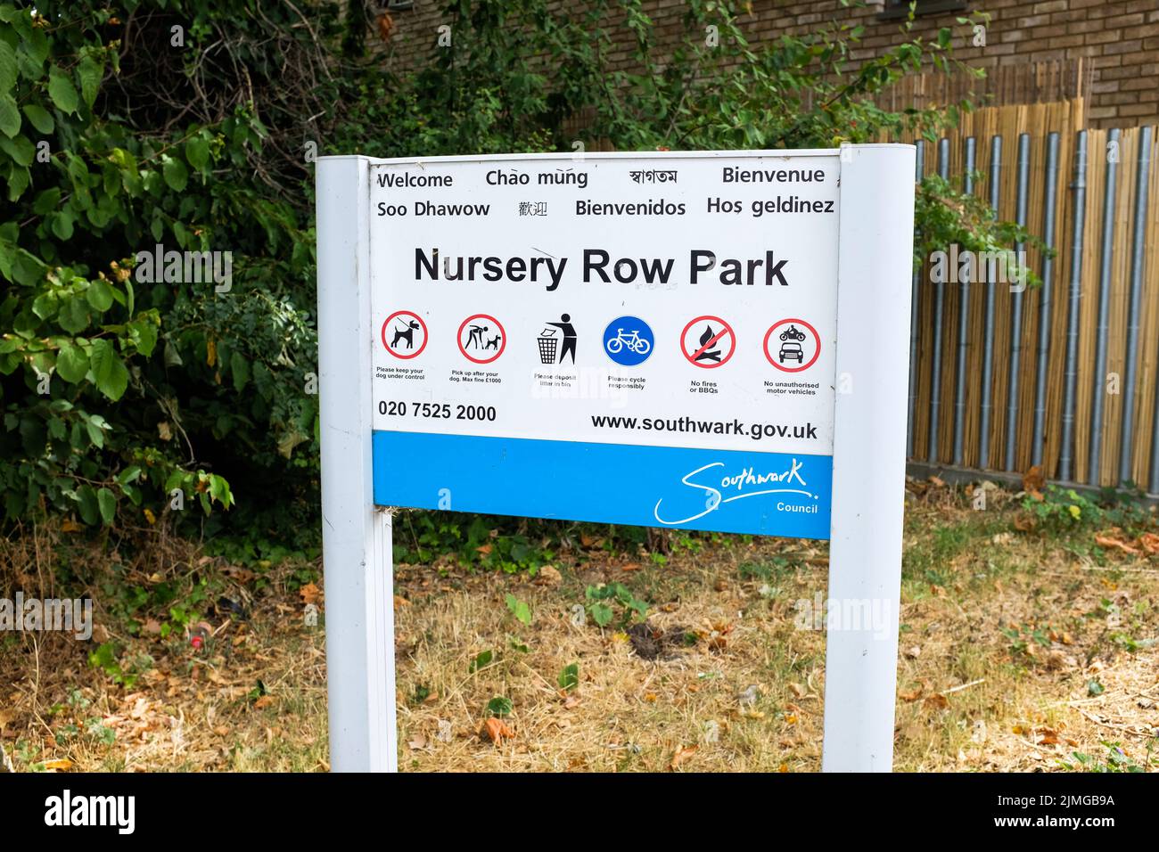 A sign for Nursery Row Park in Southwark, south London, England. Stock Photo
