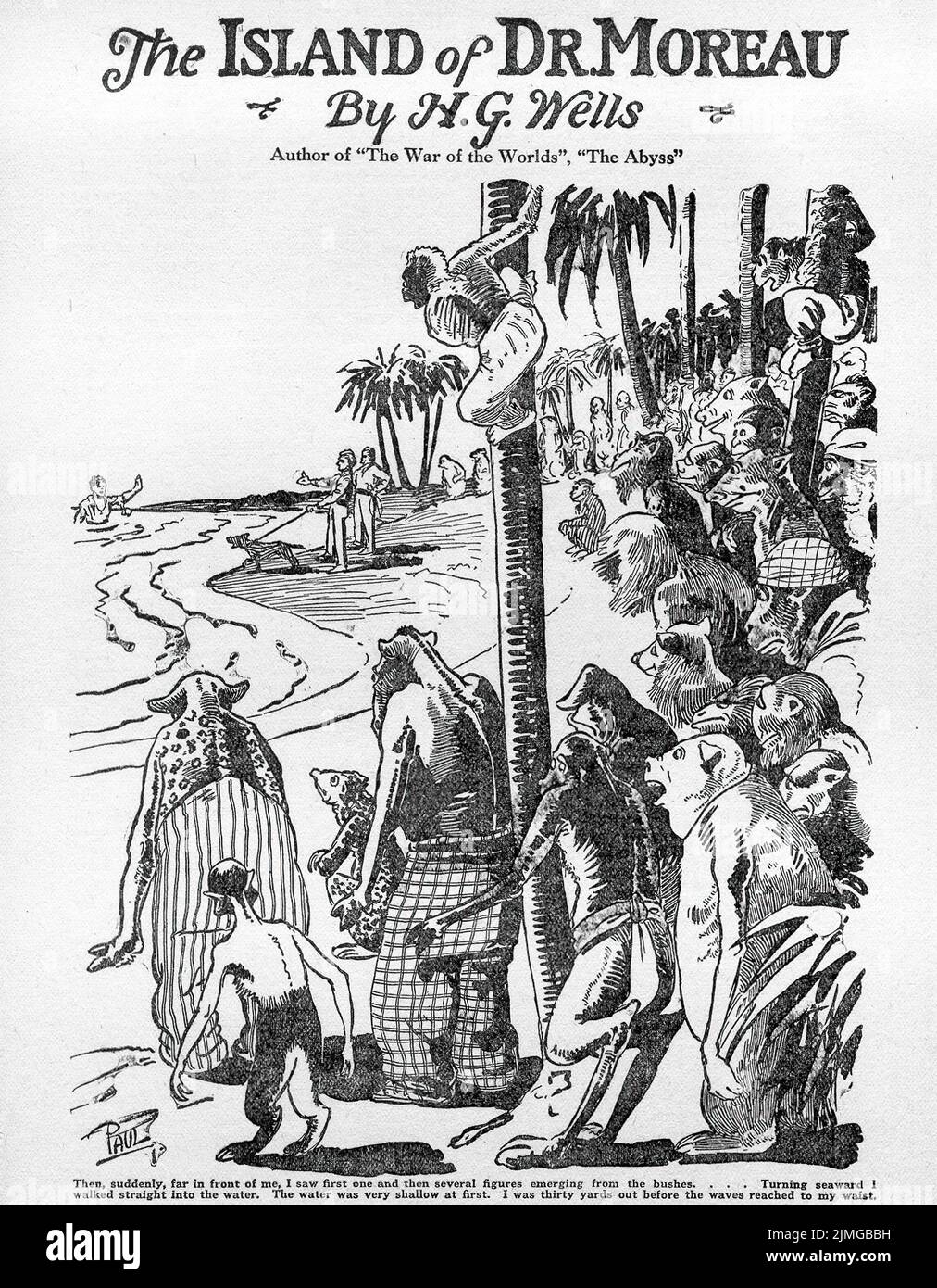 The Island of Dr. Moreau (1896) by H. G. Wells. Illustration by Frank R. Paul from Amazing Stories, October 1926. Stock Photo