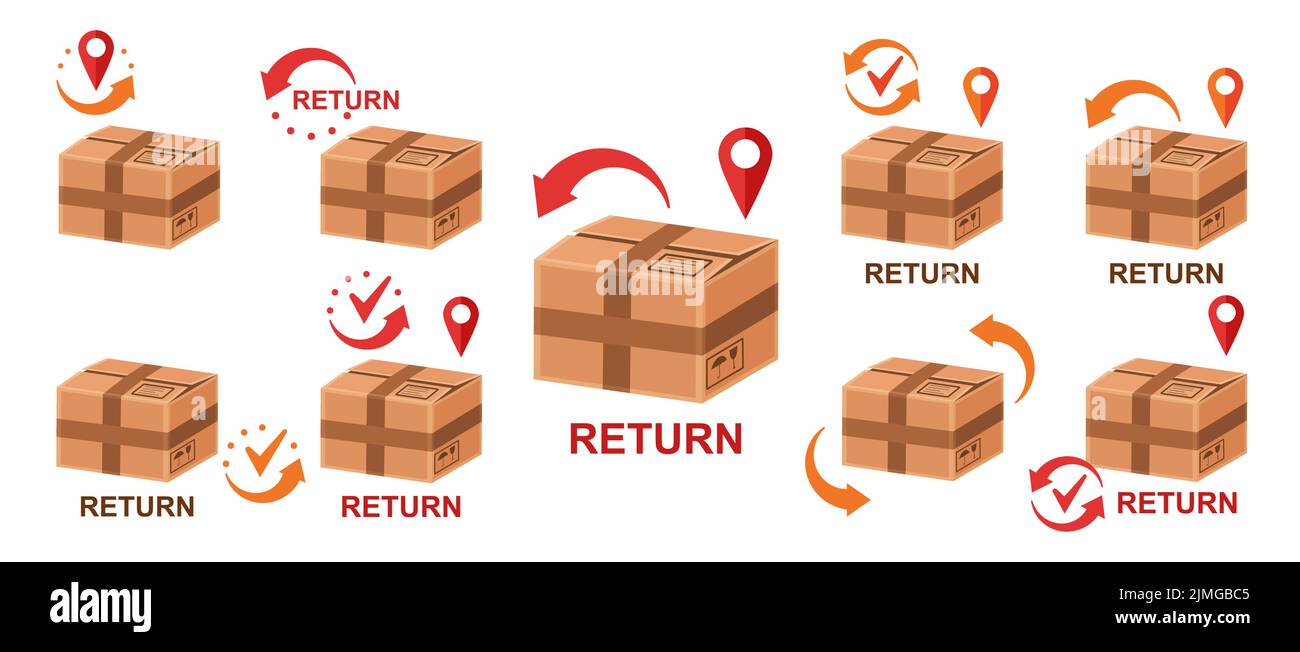 Return delivery post parcel to sender, send order back, package tracking icon set. Free exchange goods in shop. Cardboard box. Address shipping vector Stock Vector
