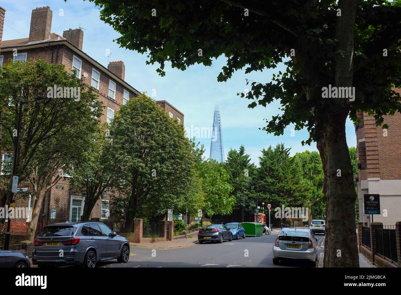 The Shard as seen from a street in South London, England. Stock Photo