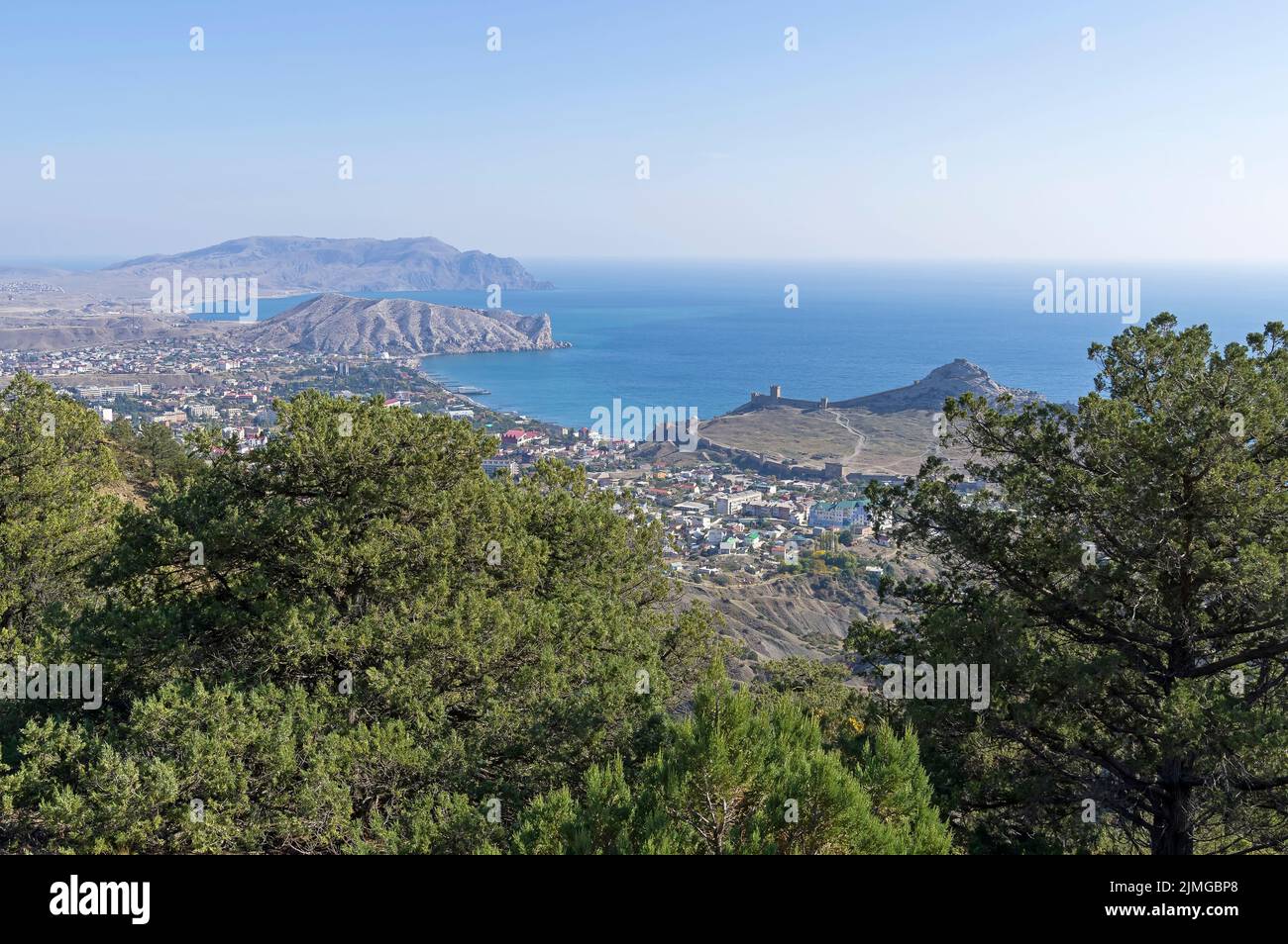 View of the small resort town from the slope of the mountain. Crimea Stock Photo