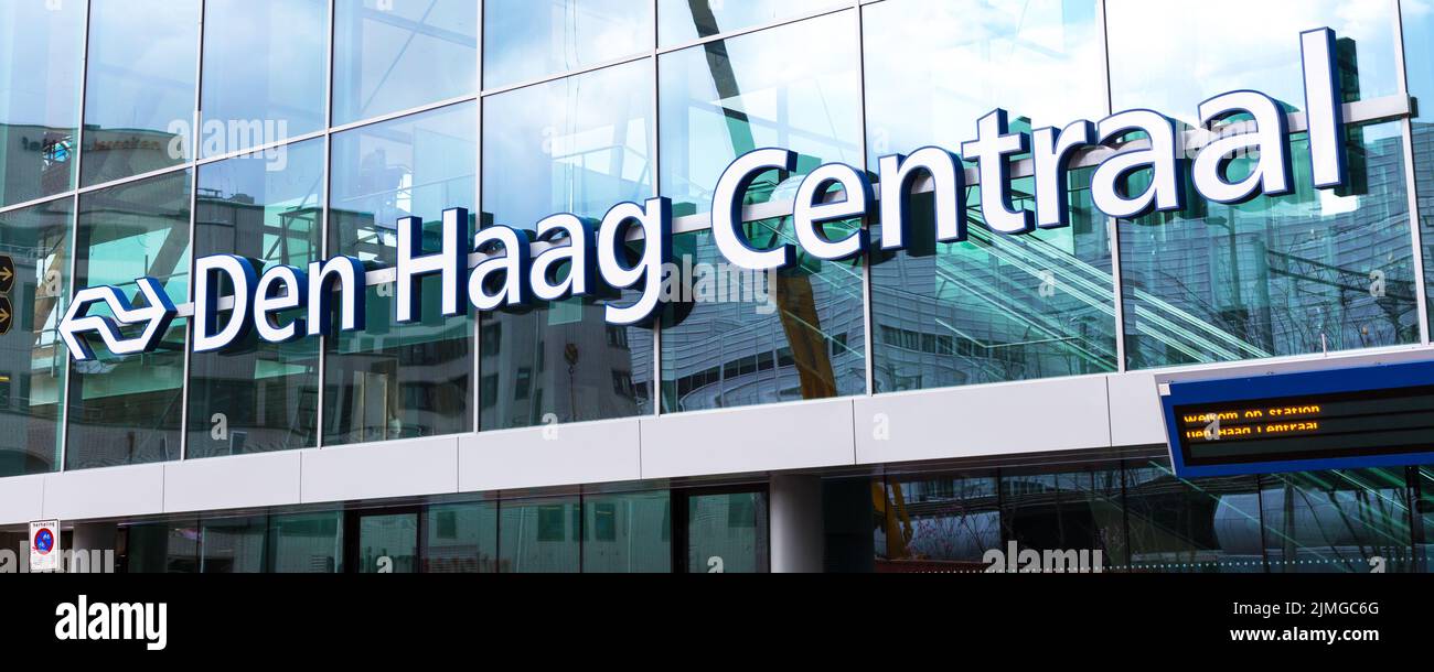 Sign at facade of central station in Hague, close-up Den Haag lettering Stock Photo